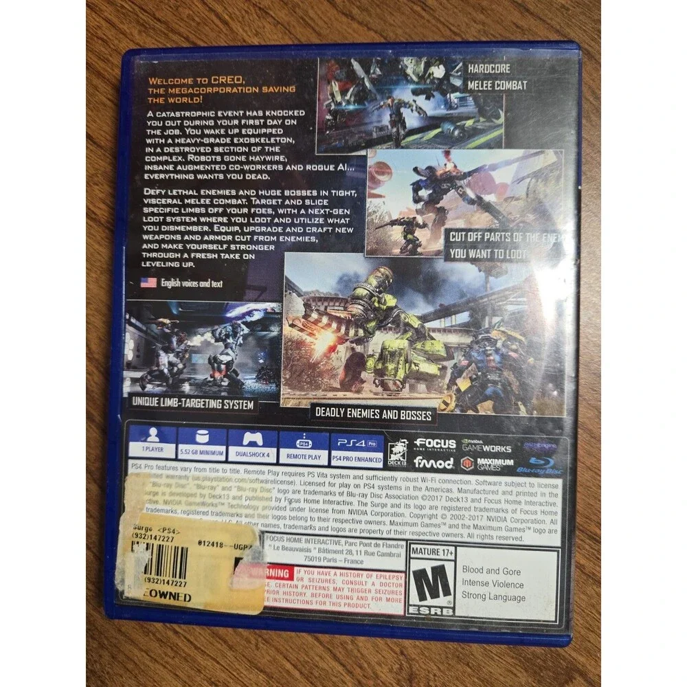 The Surge 1 One Original(Sony PlayStation 4, PS4, 2017) Tested Working